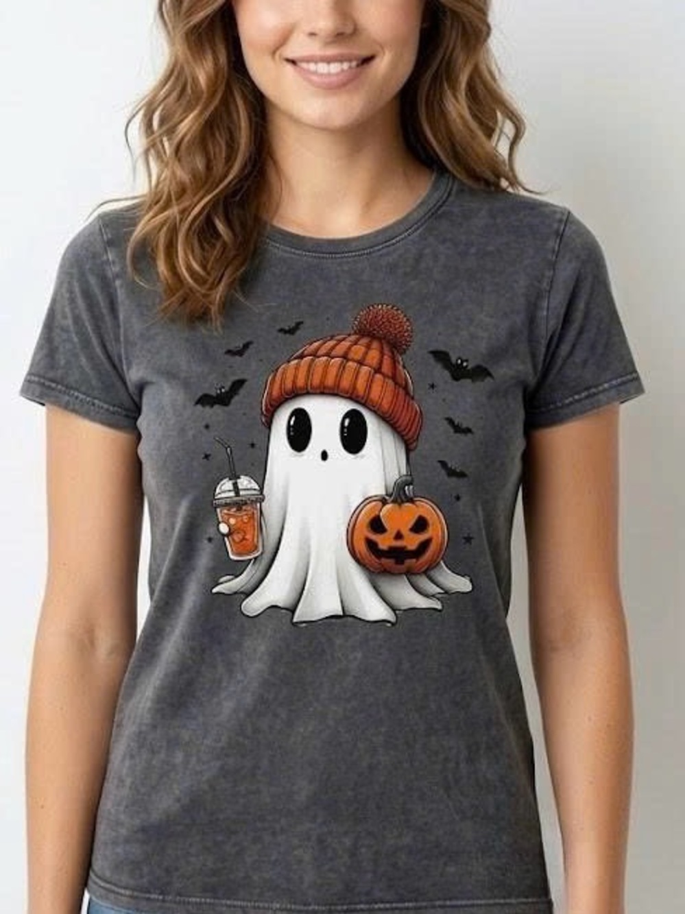 Cute Ghost Beanie Iced Coffee Pumpkin Graphic Tee Halloween Fall Charcoal Shirt